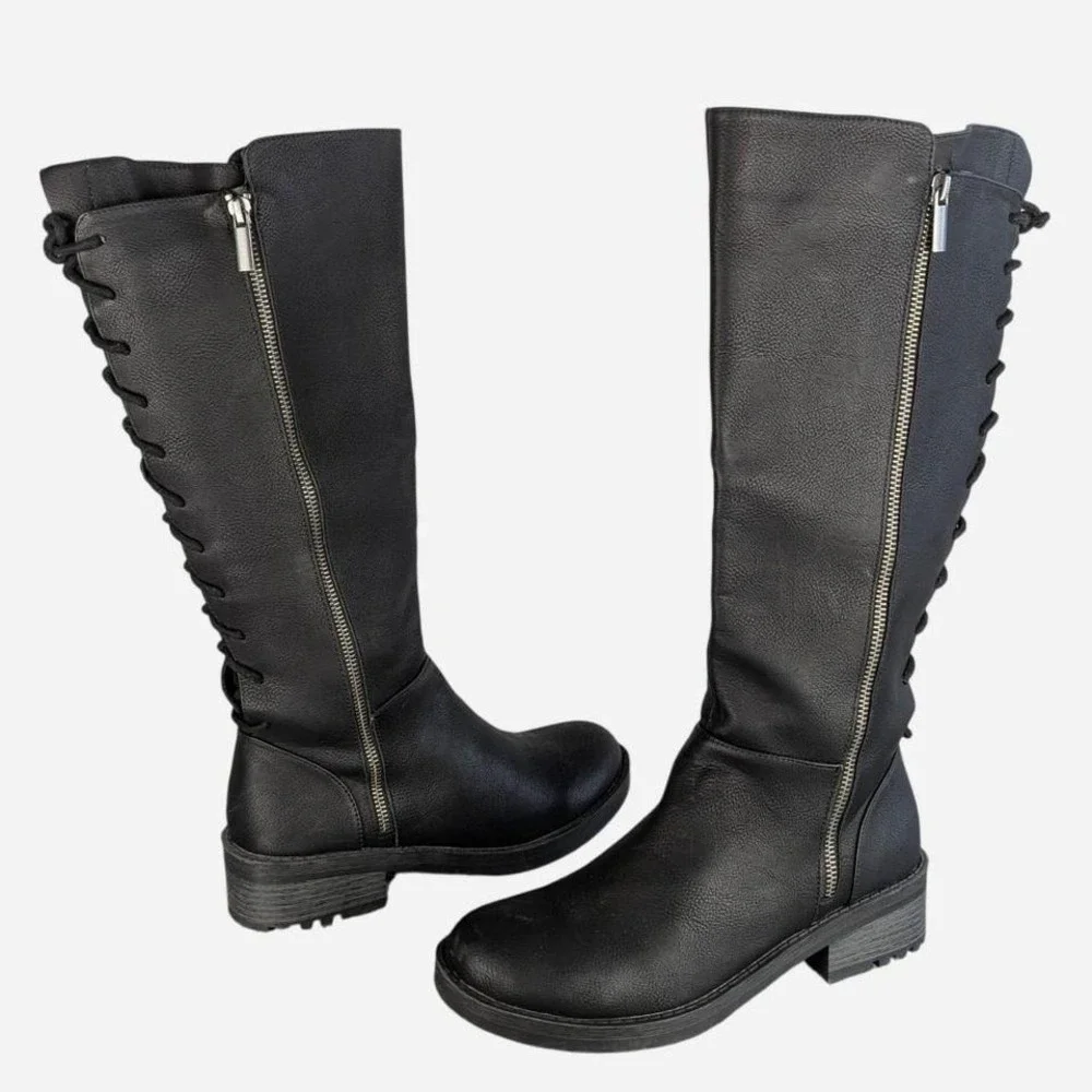 Kensie Dermott Back Lace-Up Knee High Riding Boot Black Size 8.5